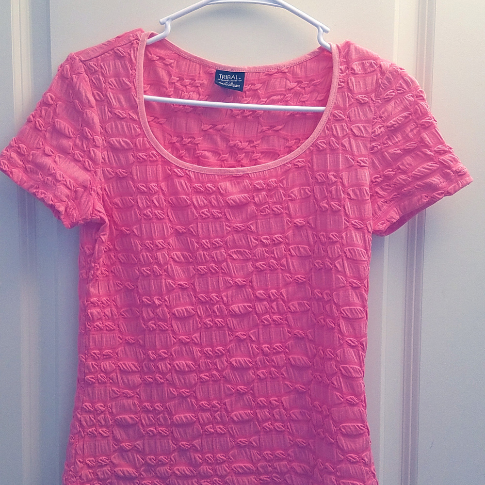 Tribal ruched pink/melon scoopneck stretch top